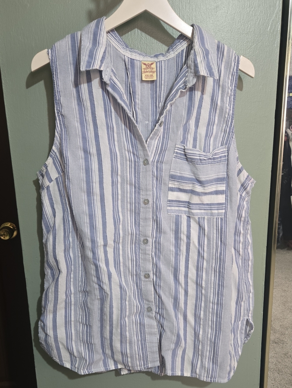 Faded Glory Blue and White Striped Sleeveless Button-Down Shirt